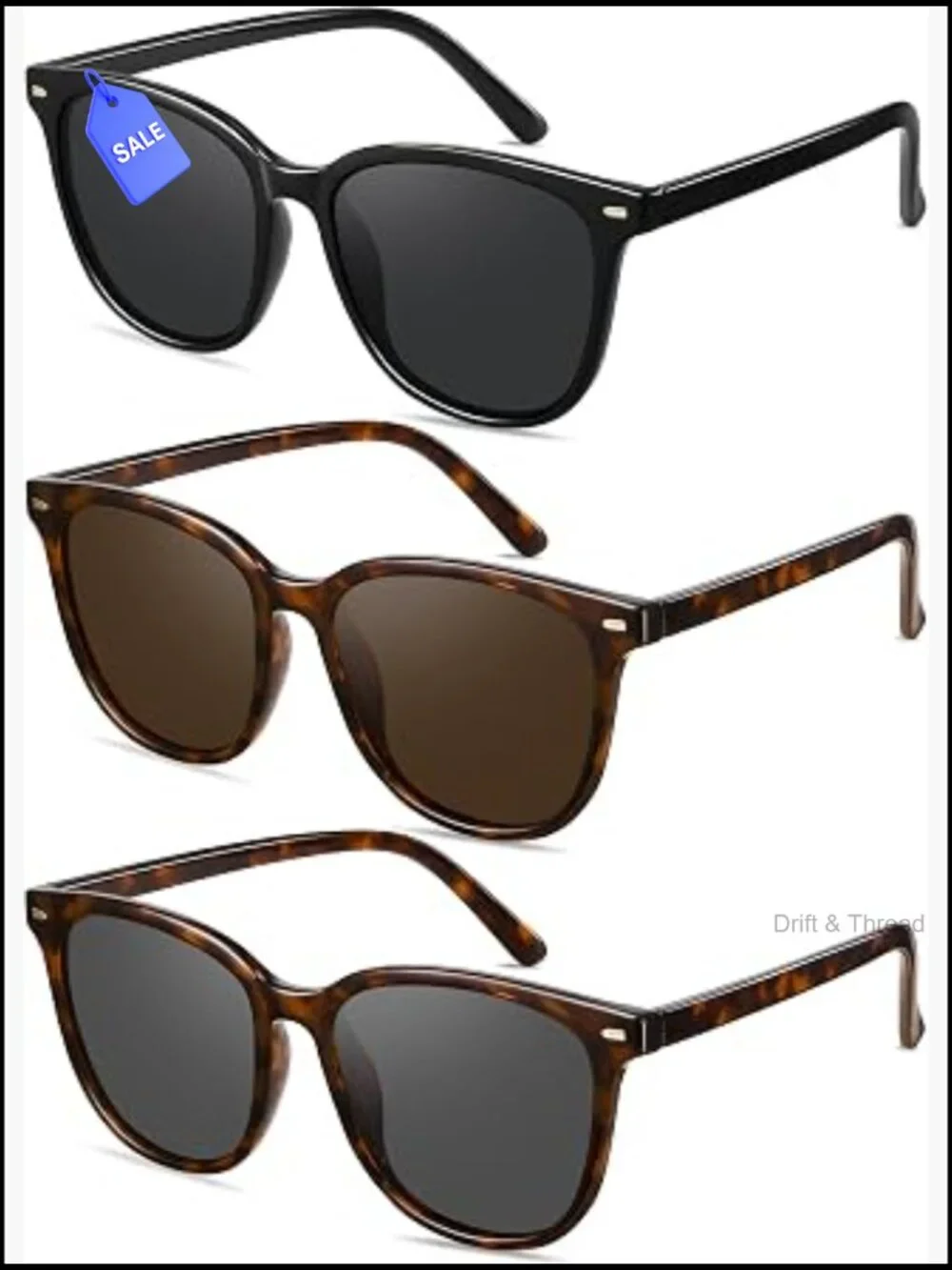Retro Oversized Polarized Sunglasses UV400 Protection 3 Pack